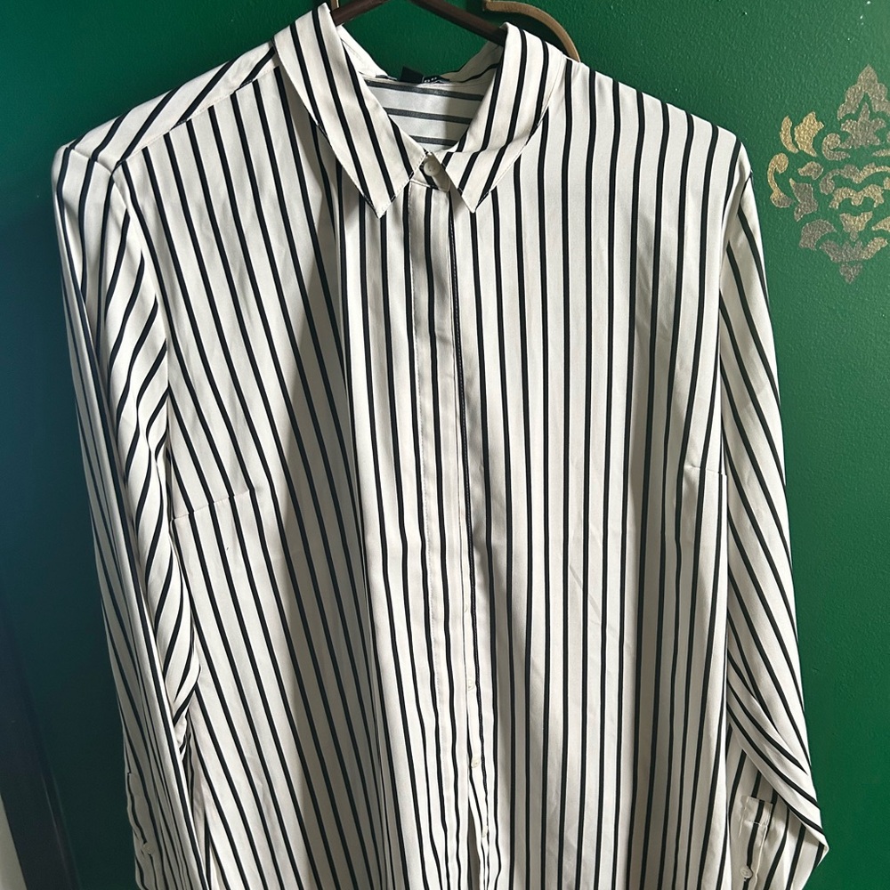 #Express black and white striped button up blouse. Women’s large